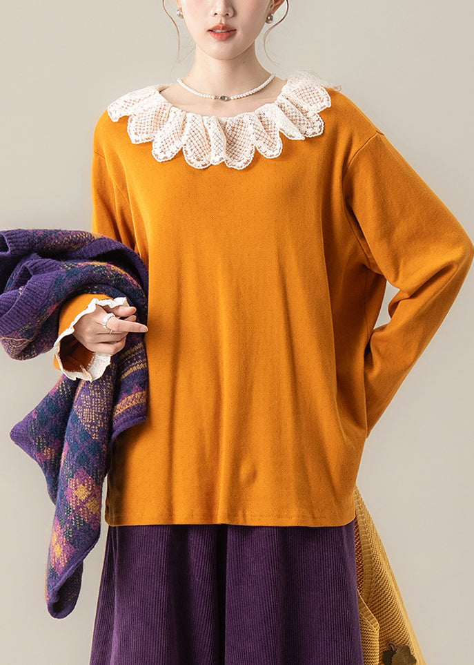 Unique Orange Oversized Patchwork Lace Blouse Top Spring