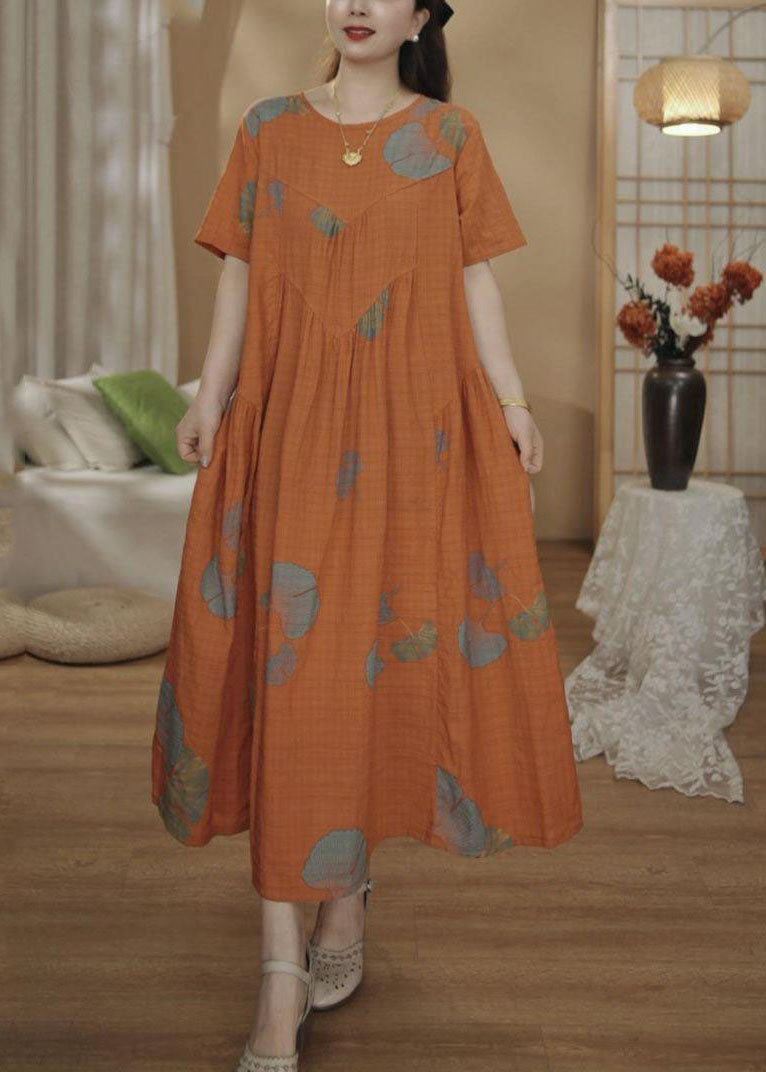 Unique Orange Oversized Print Cotton Maxi Dresses Summer