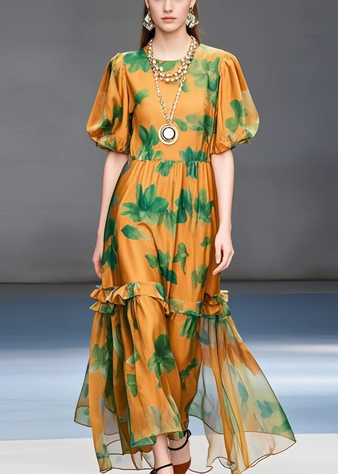 Unique Orange Ruffled Print Chiffon Long Dresses Summer