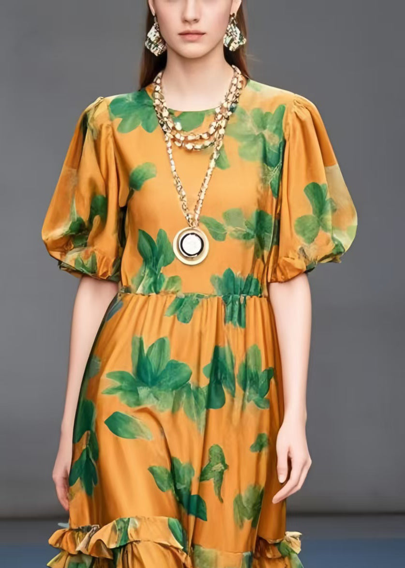 Unique Orange Ruffled Print Chiffon Long Dresses Summer