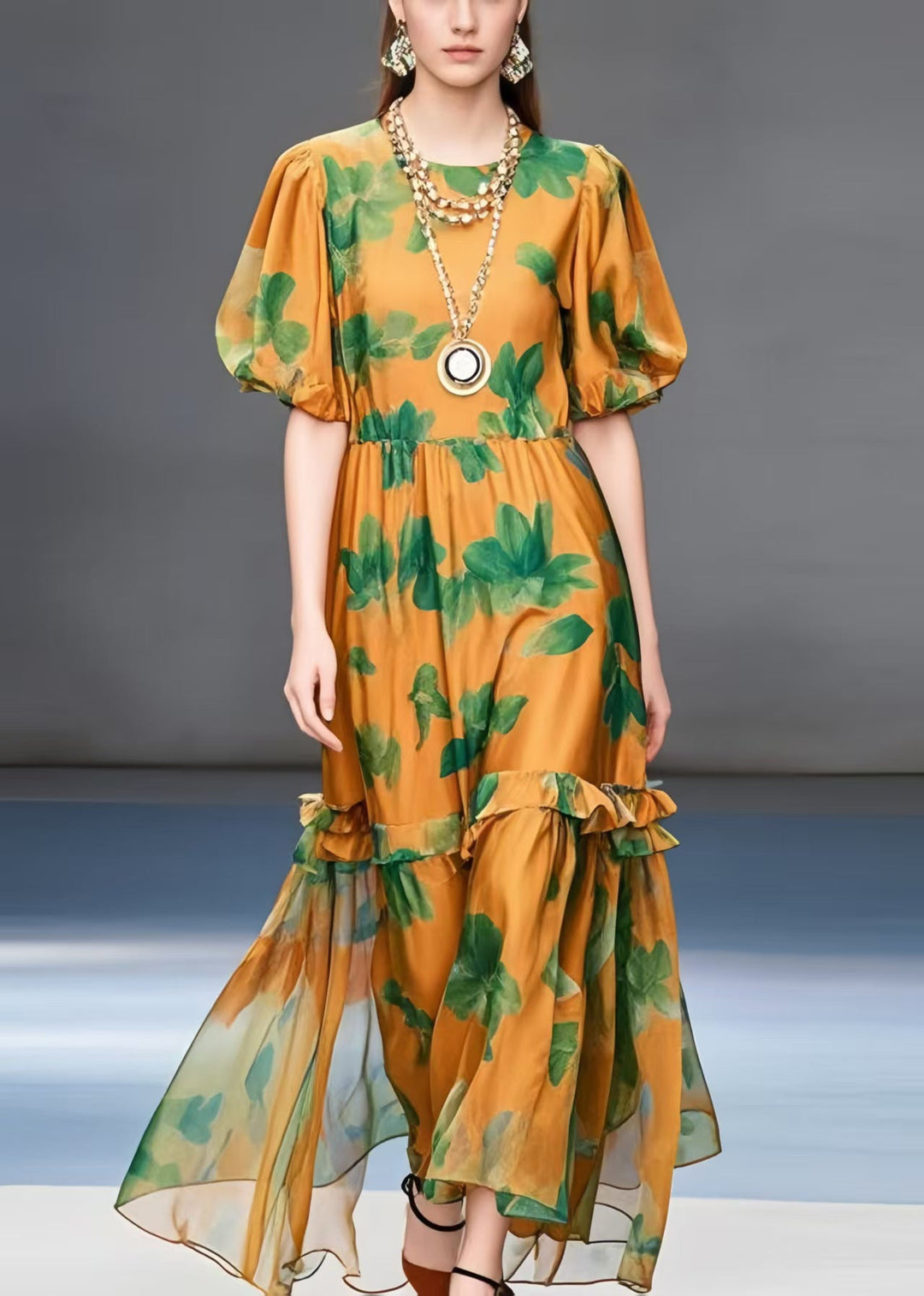 Unique Orange Ruffled Print Chiffon Long Dresses Summer