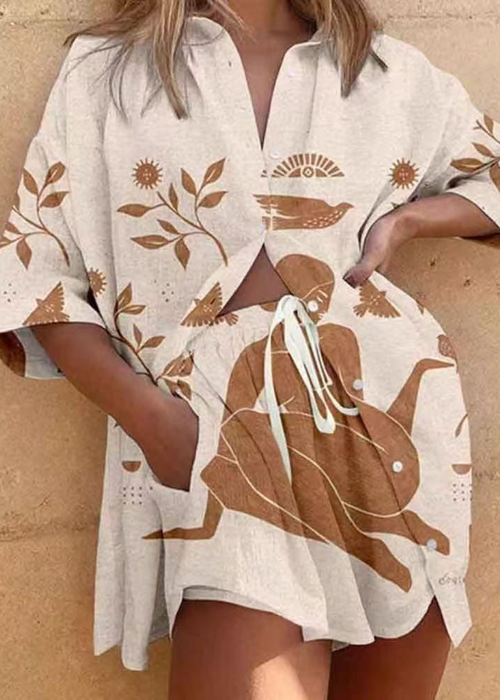 Unique Oversized Print Linen Women Sets 2 Pieces Summer