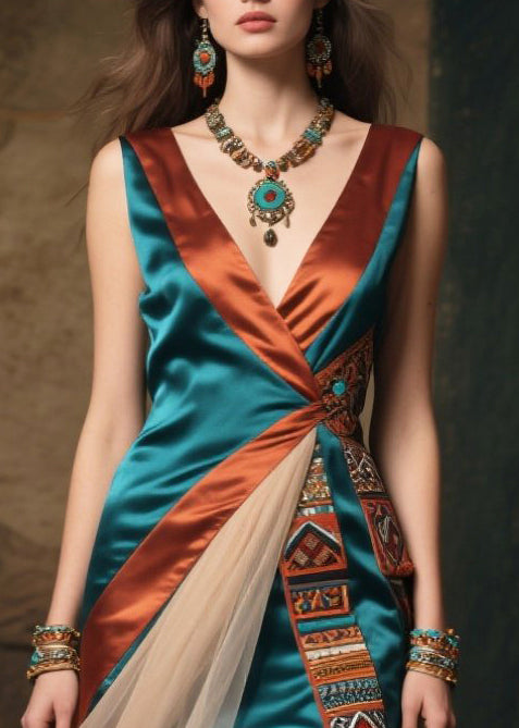 Unique Peacock Green Asymmetrical Patchwork Silk Robe Dresses Summer