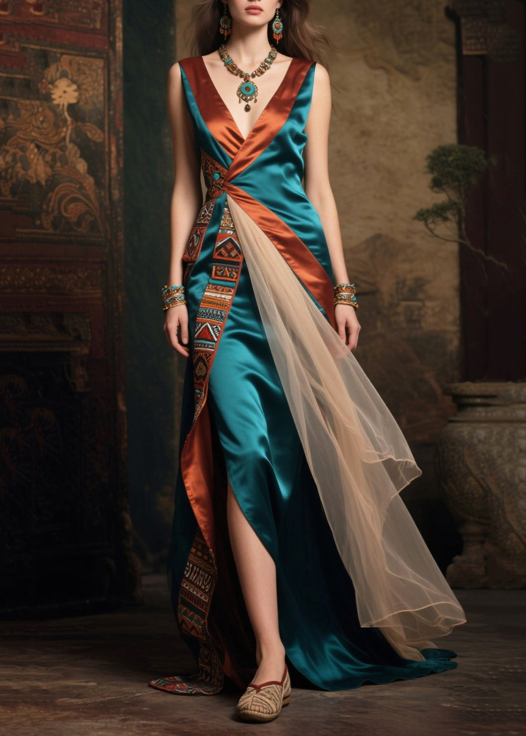 Unique Peacock Green Asymmetrical Patchwork Silk Robe Dresses Summer