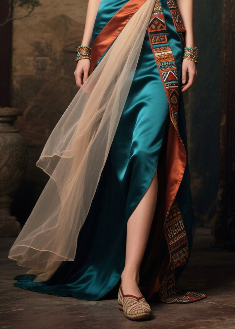 Unique Peacock Green Asymmetrical Patchwork Silk Robe Dresses Summer