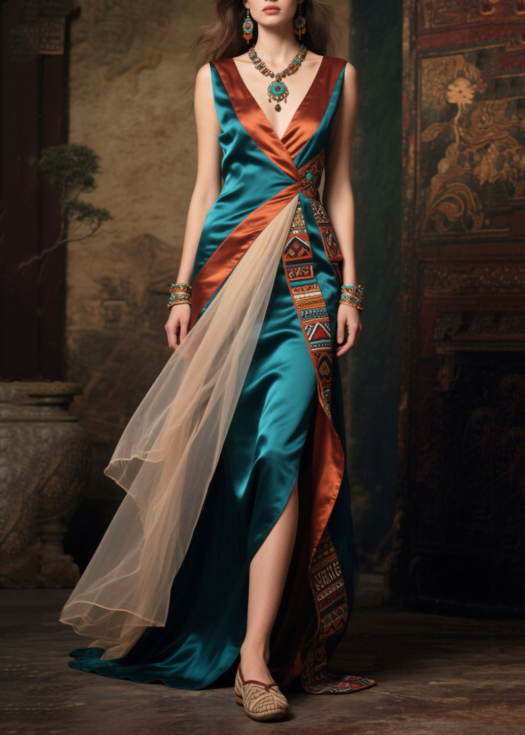 Unique Peacock Green Asymmetrical Patchwork Silk Robe Dresses Summer