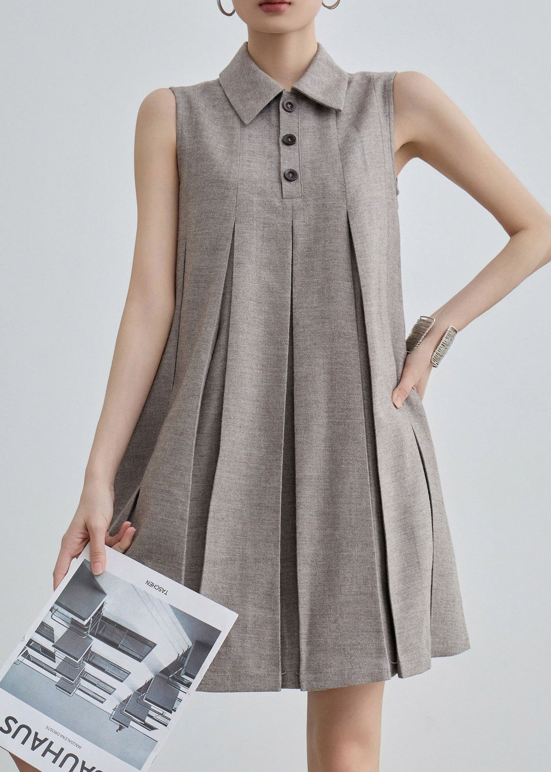 Unique Peter Pan Collar Wrinkled Cotton Mid Dresses Sleeveless