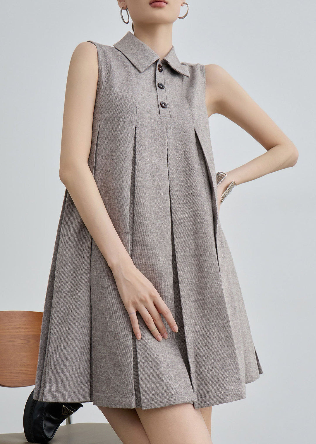 Unique Peter Pan Collar Wrinkled Cotton Mid Dresses Sleeveless