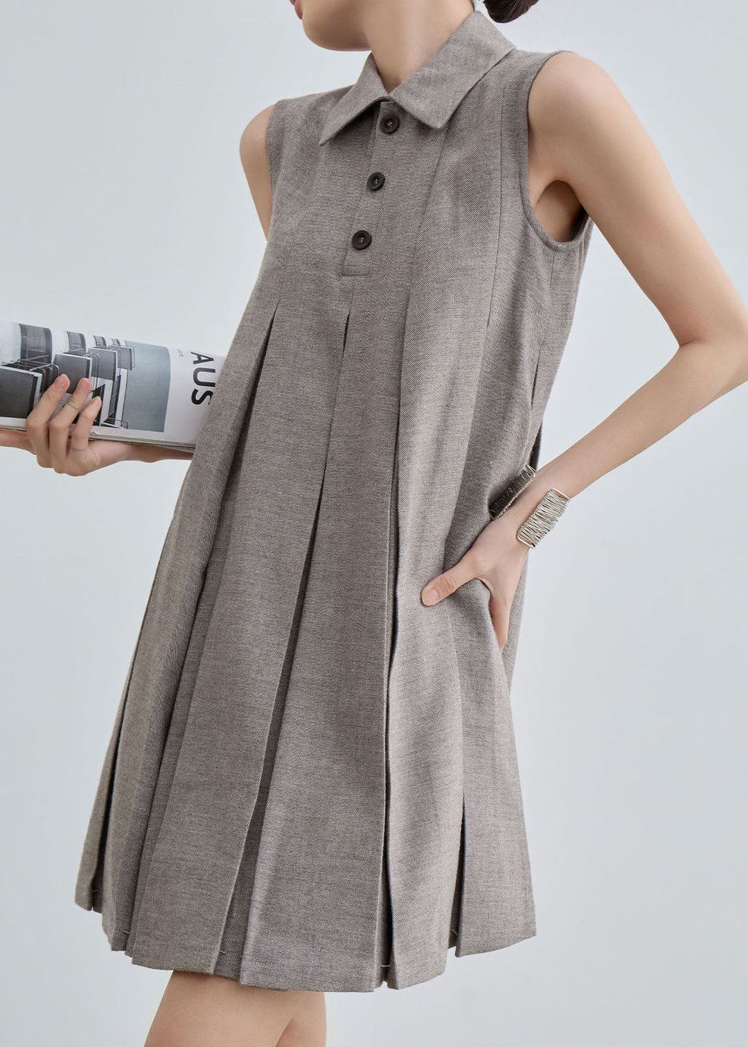 Unique Peter Pan Collar Wrinkled Cotton Mid Dresses Sleeveless