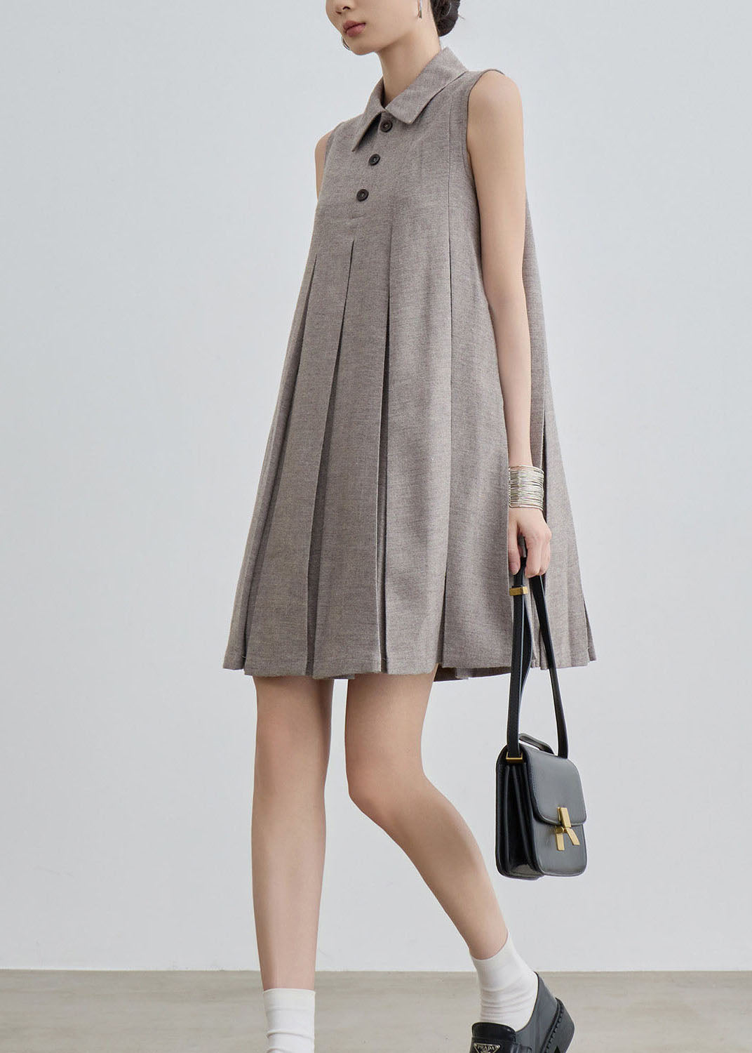 Unique Peter Pan Collar Wrinkled Cotton Mid Dresses Sleeveless