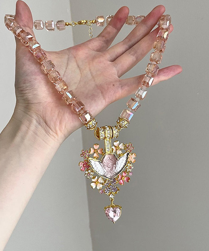 Unique Pink Alloy Acrylic Crystal Love Pendant Necklace