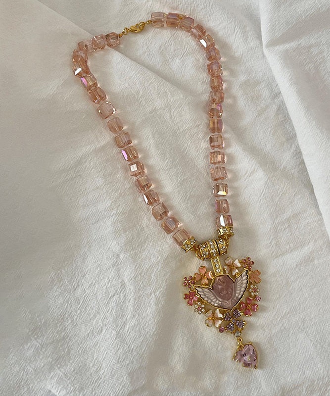 Unique Pink Alloy Acrylic Crystal Love Pendant Necklace