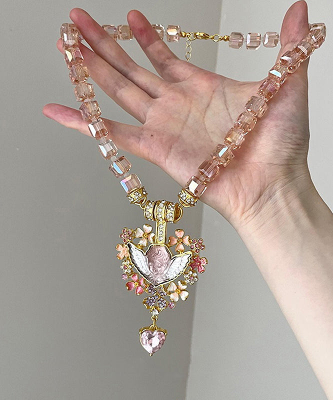 Unique Pink Alloy Acrylic Crystal Love Pendant Necklace