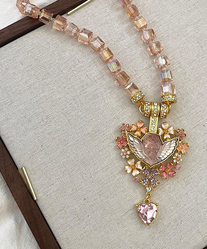 Unique Pink Alloy Acrylic Crystal Love Pendant Necklace