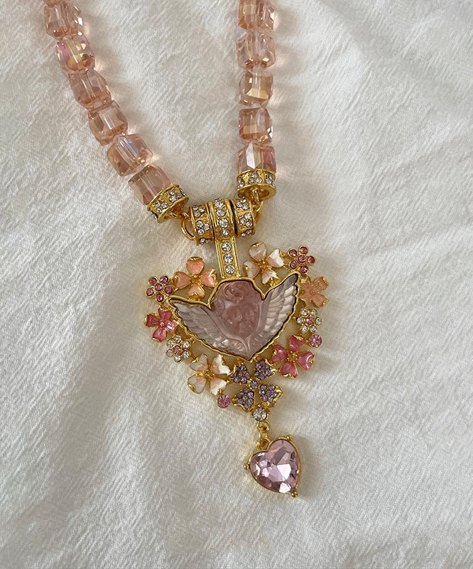 Unique Pink Alloy Acrylic Crystal Love Pendant Necklace