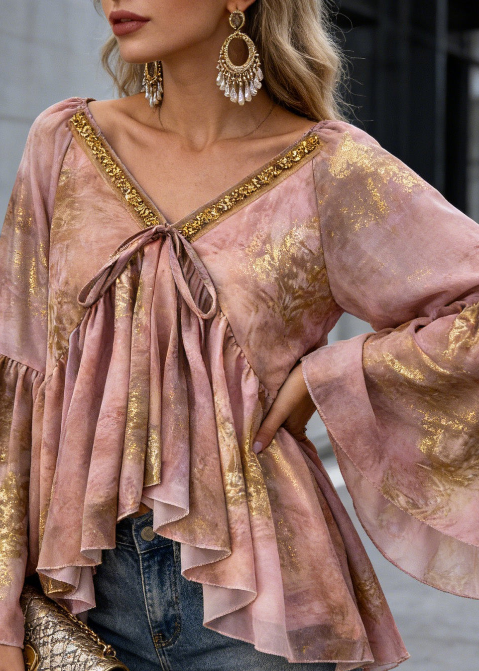 Unique Pink Asymmetrical Sequins Print Chiffon Shirt Spring - Omychic