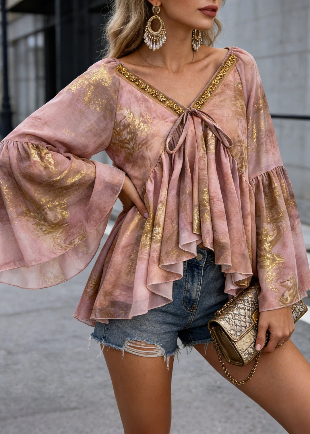 Unique Pink Asymmetrical Sequins Print Chiffon Shirt Spring - Omychic
