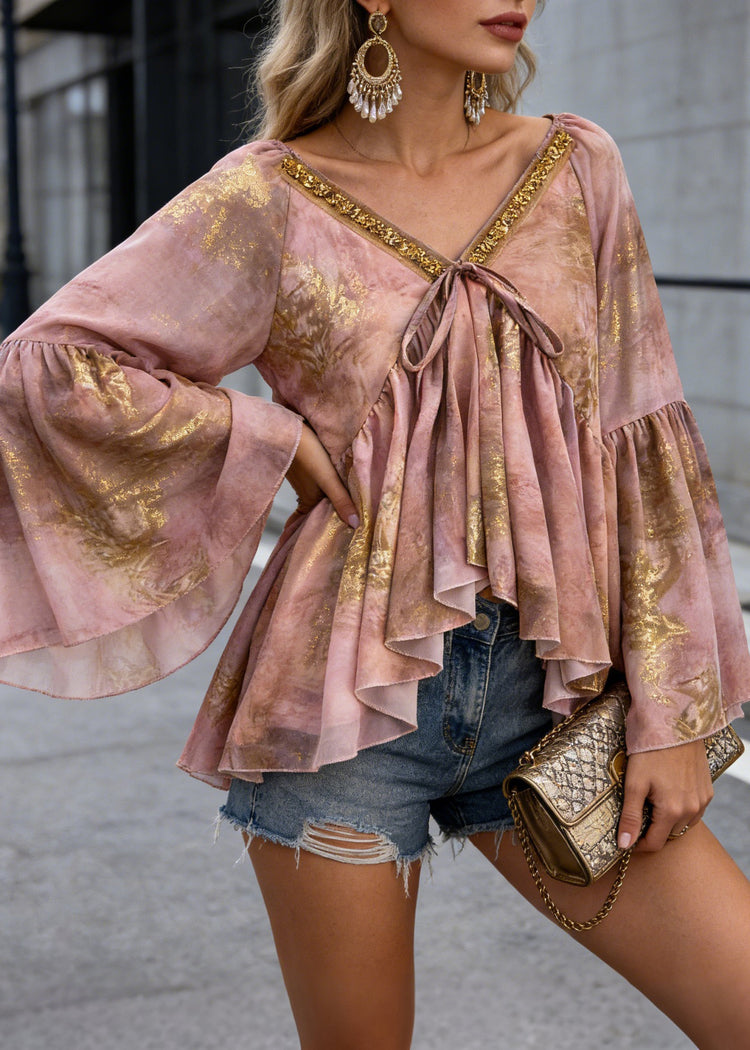 Unique Pink Asymmetrical Sequins Print Chiffon Shirt Spring - Omychic