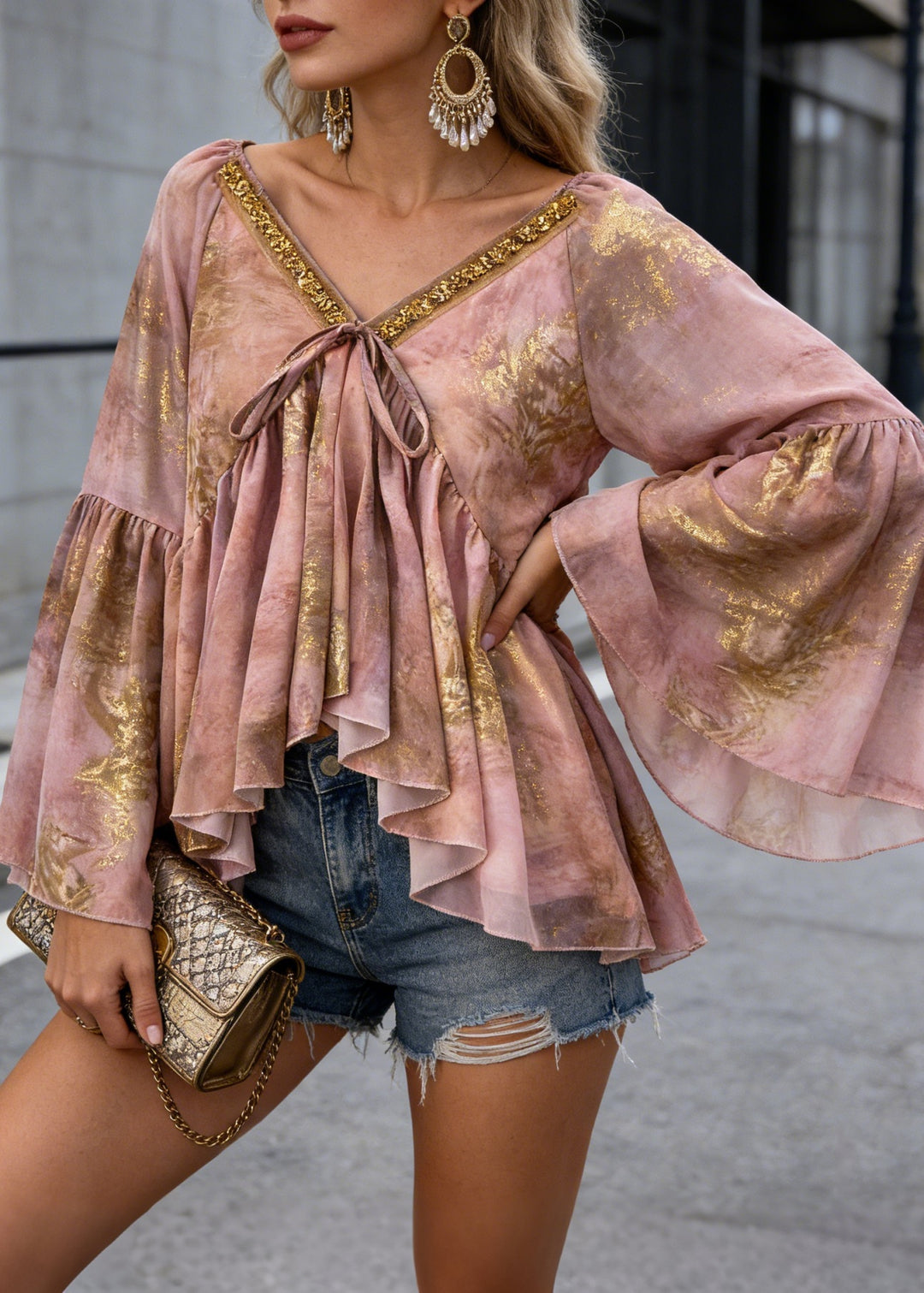 Unique Pink Asymmetrical Sequins Print Chiffon Shirt Spring - Omychic