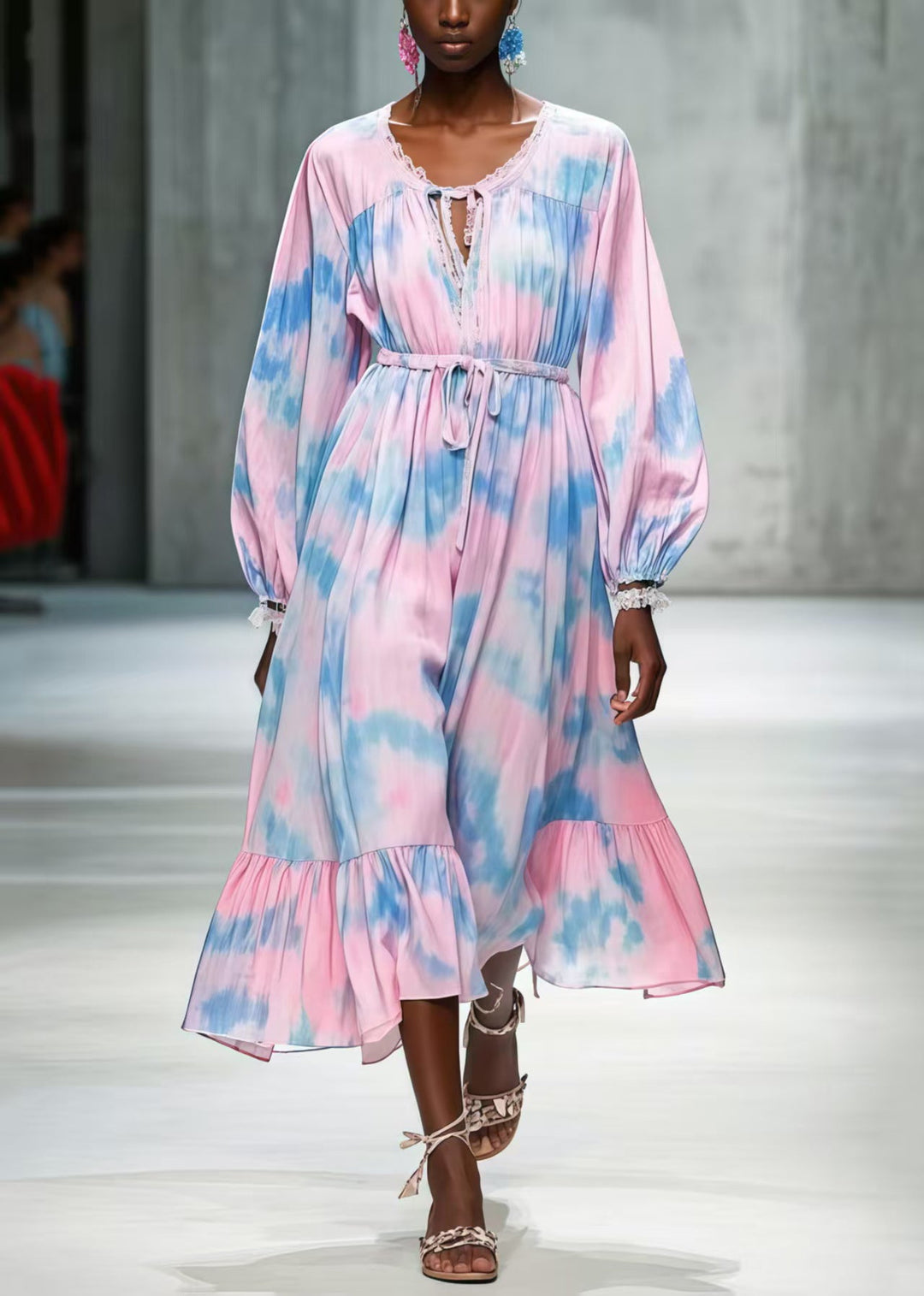 Unique Pink Cinched Tie Dye Chiffon Long Dresses Spring