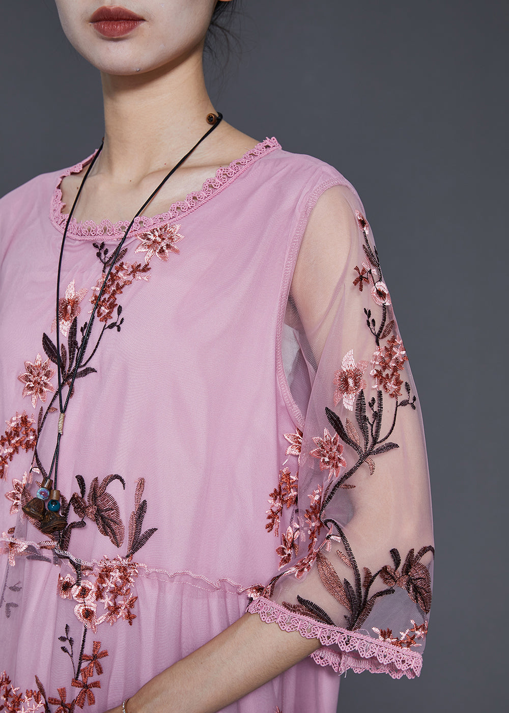 Unique Pink Embroidered Ruffled Tulle Holiday Dress Summer