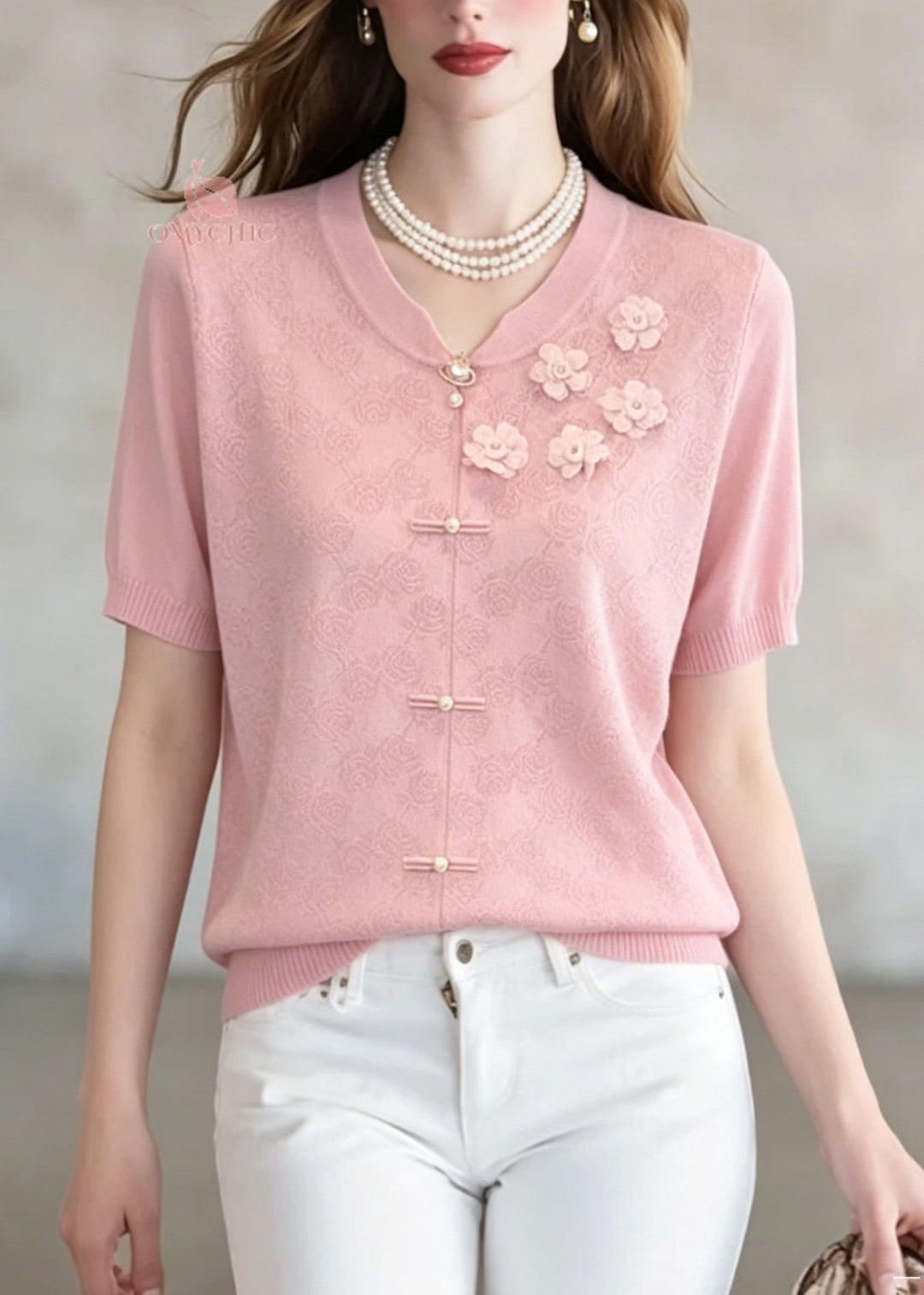 Unique Pink Jacquard Floral Thin Knit Top Summer