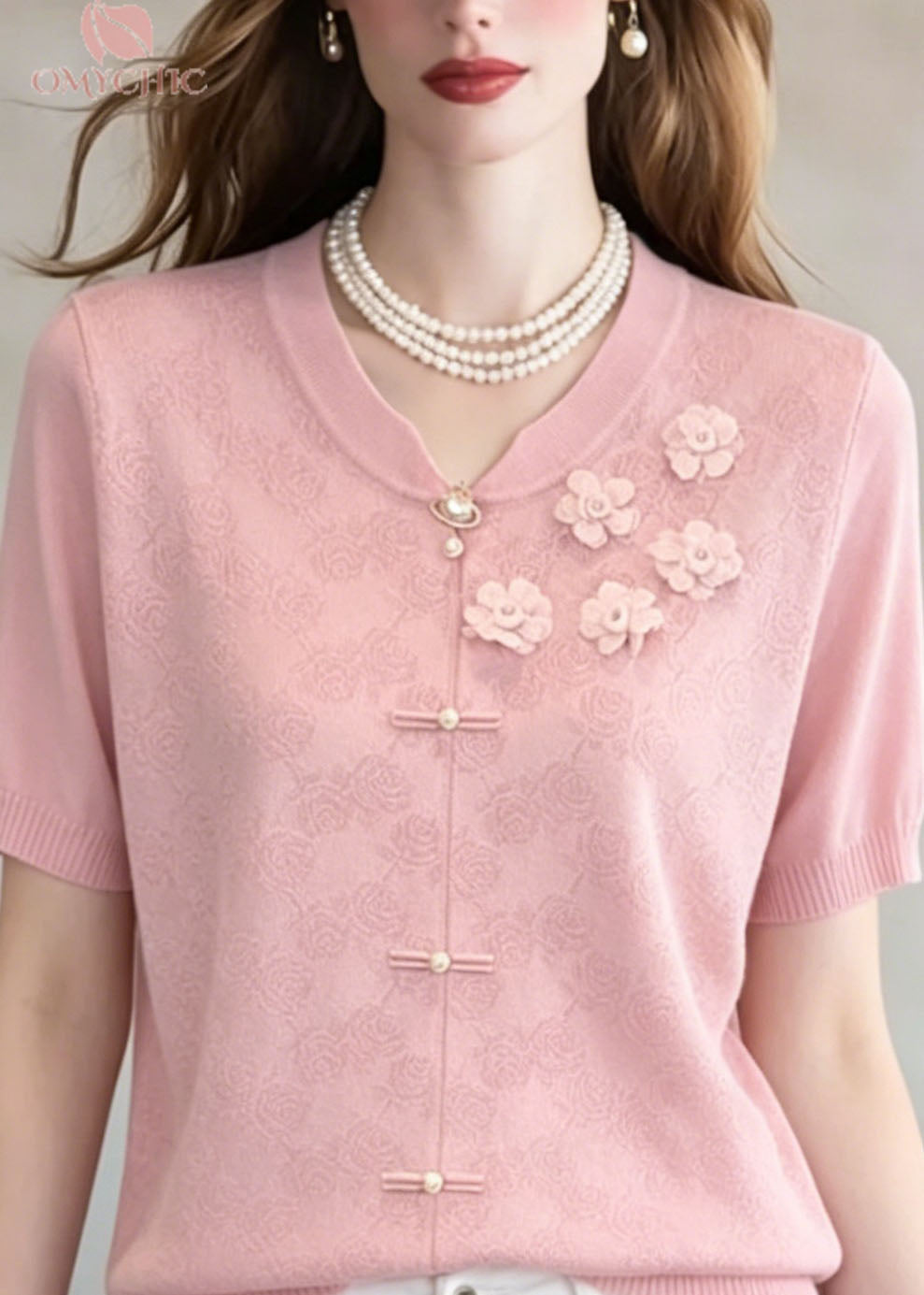 Unique Pink Jacquard Floral Thin Knit Top Summer