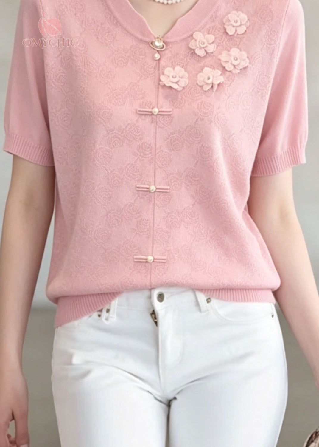 Unique Pink Jacquard Floral Thin Knit Top Summer