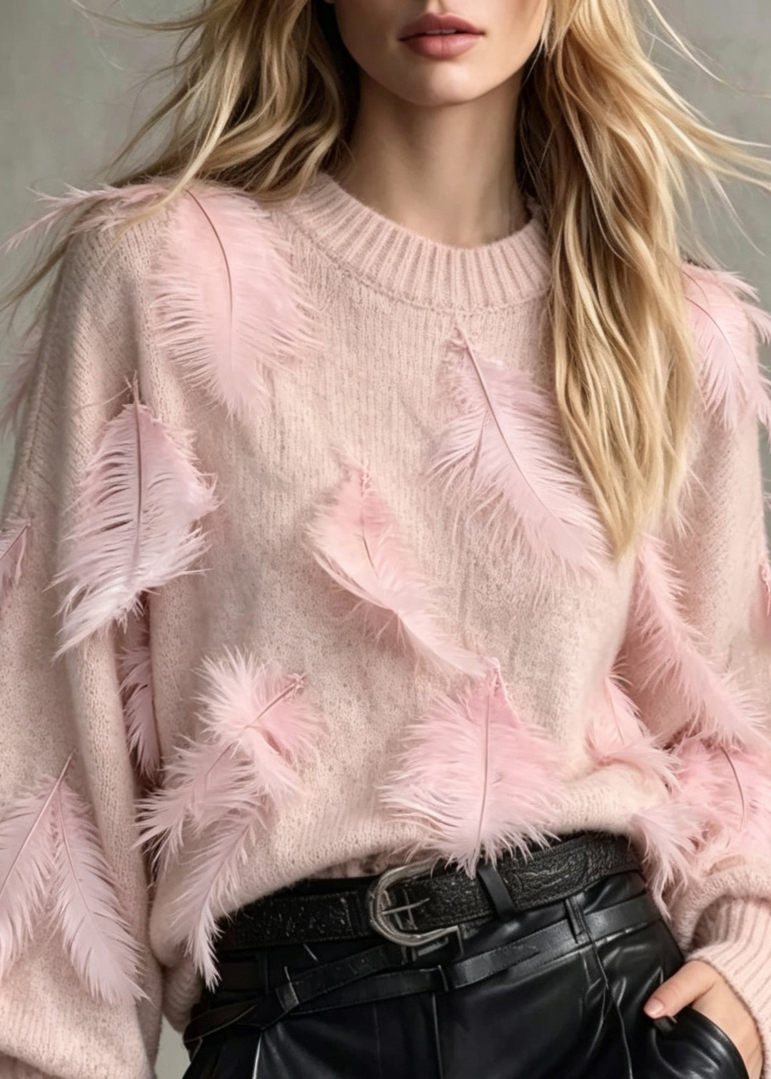 Unique Pink O Neck Feather Loose Knit Sweaters Fall