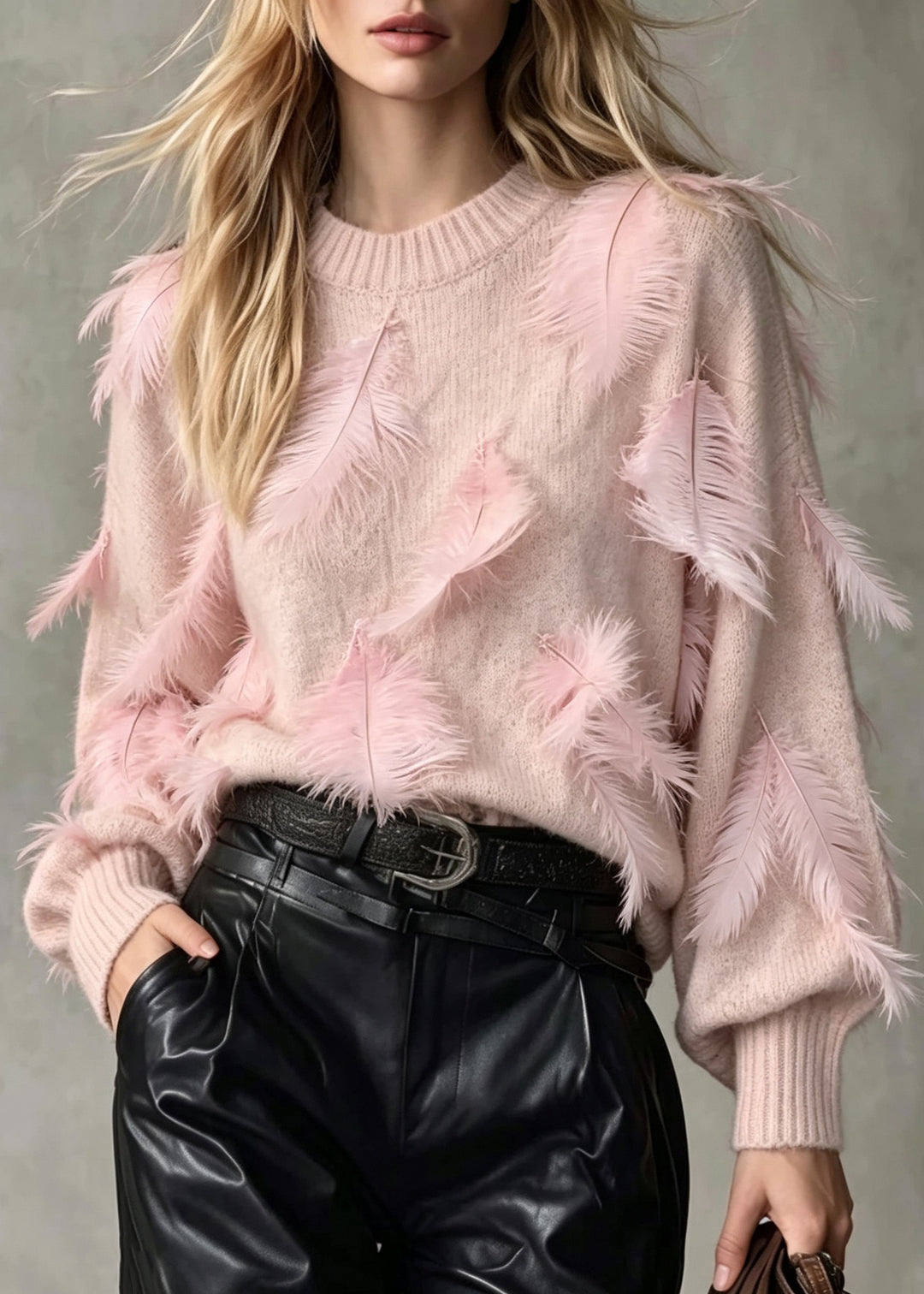 Unique Pink O Neck Feather Loose Knit Sweaters Fall