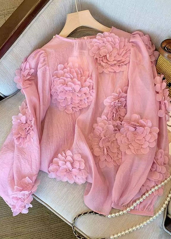 Unique Pink O Neck Floral Decorated Chiffon Shirt Tops