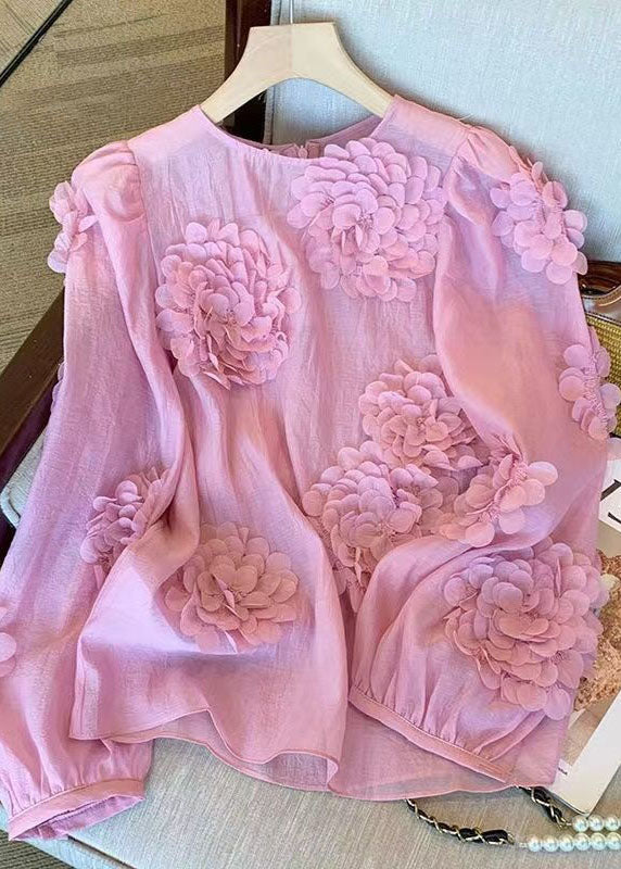 Unique Pink O Neck Floral Decorated Chiffon Shirt Tops