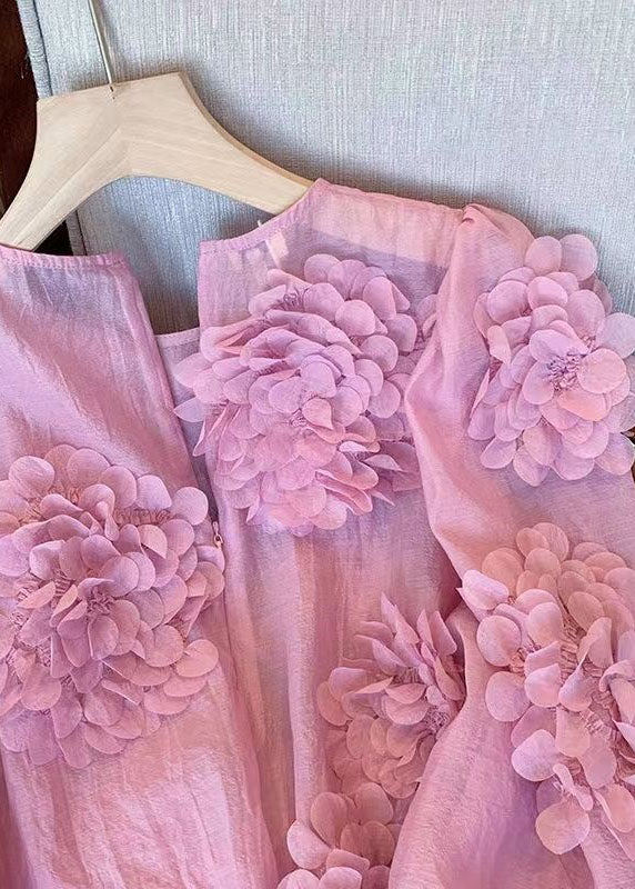 Unique Pink O Neck Floral Decorated Chiffon Shirt Tops