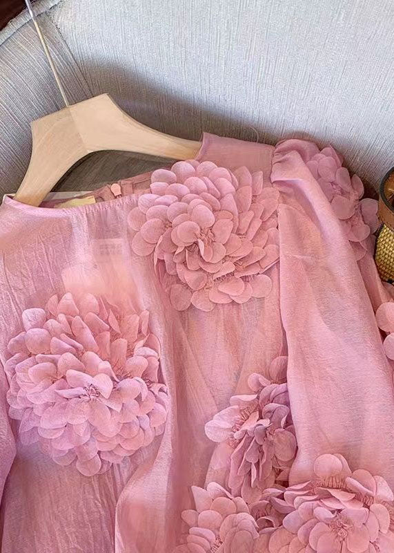 Unique Pink O Neck Floral Decorated Chiffon Shirt Tops