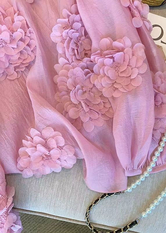 Unique Pink O Neck Floral Decorated Chiffon Shirt Tops