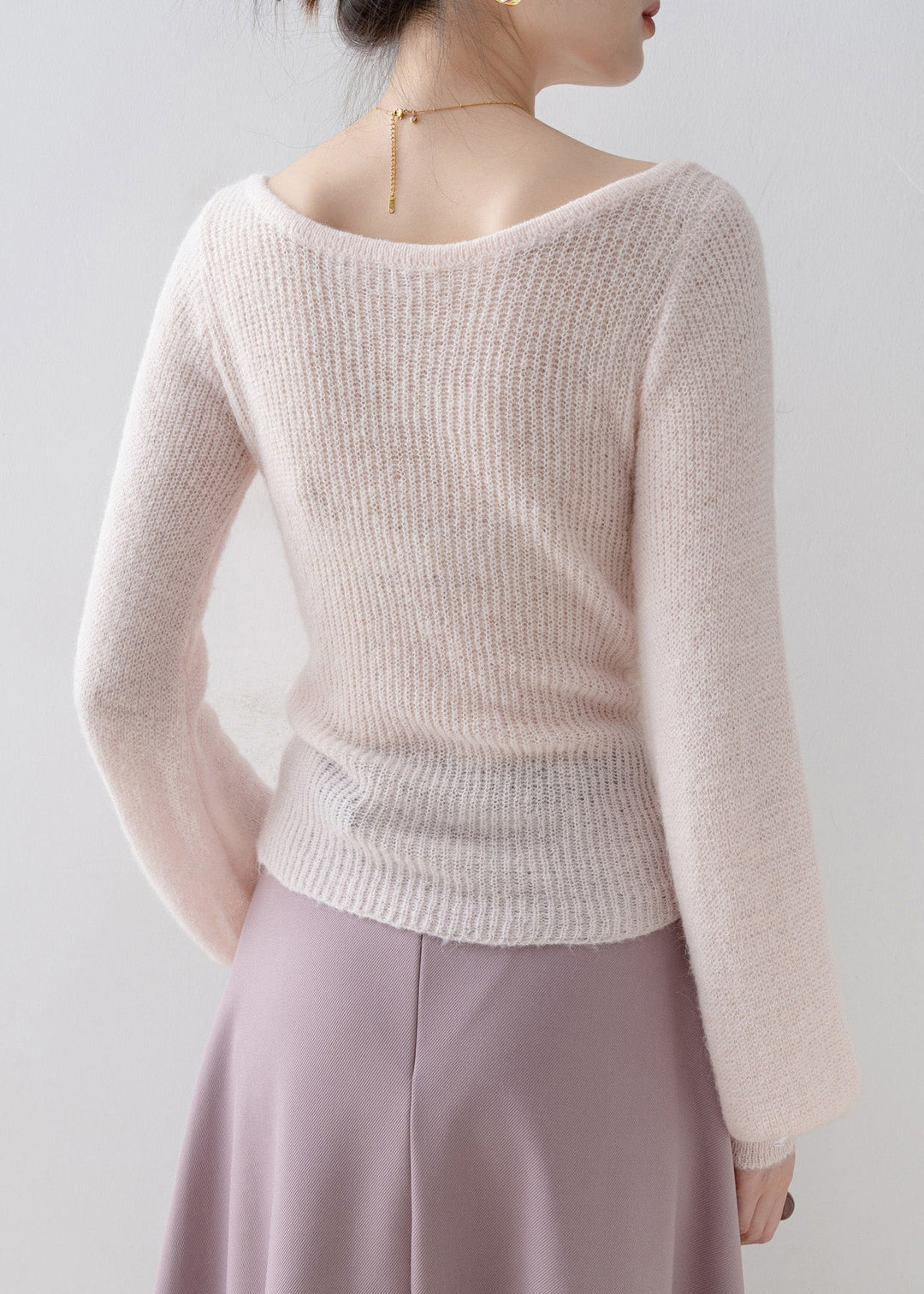 Unique Pink O Neck Floral Knit Sweaters Lantern Sleeve