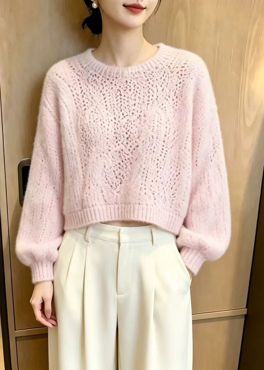 Unique Pink O-Neck Knit Short Sweater Long Sleeve