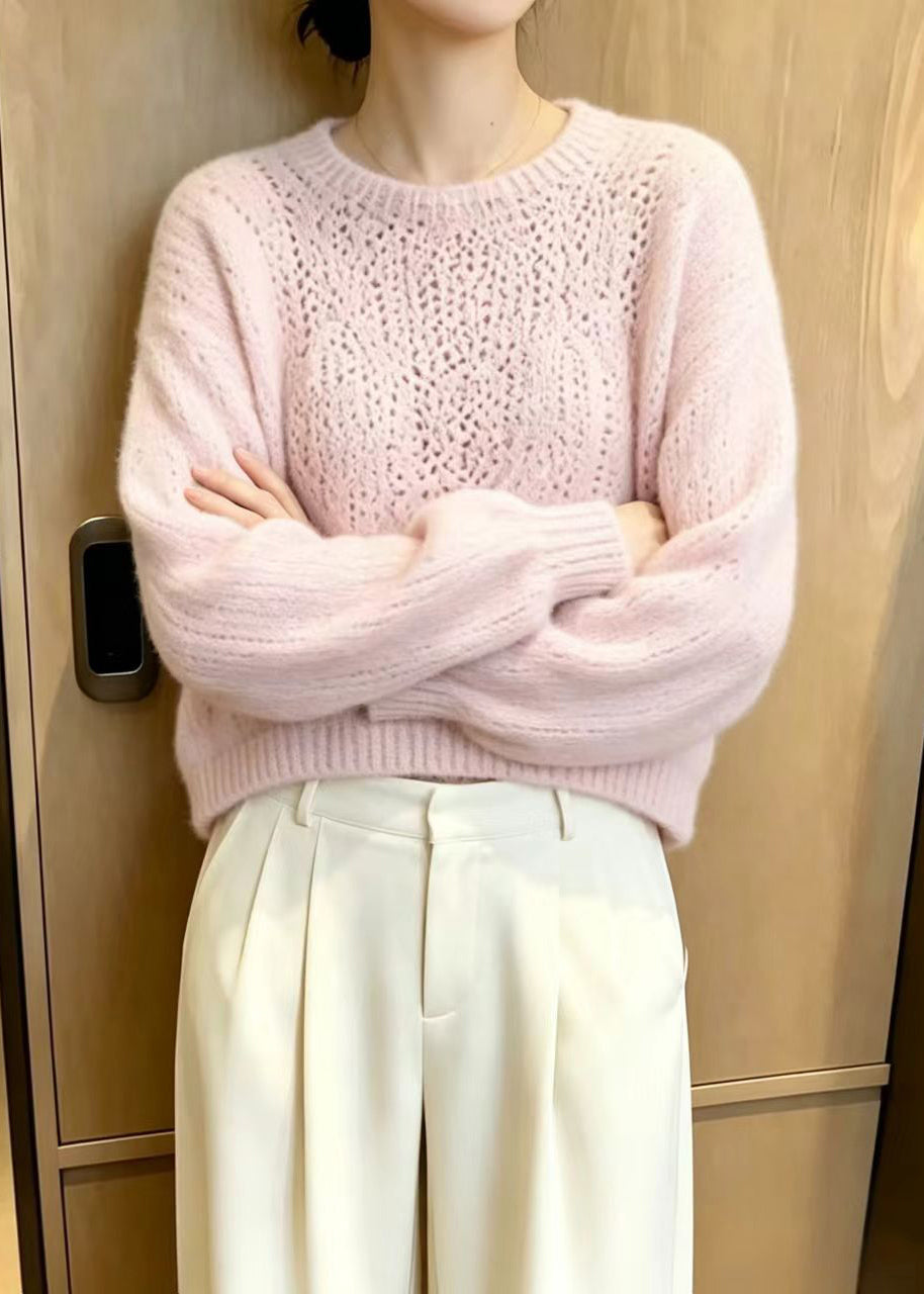 Unique Pink O-Neck Knit Short Sweater Long Sleeve