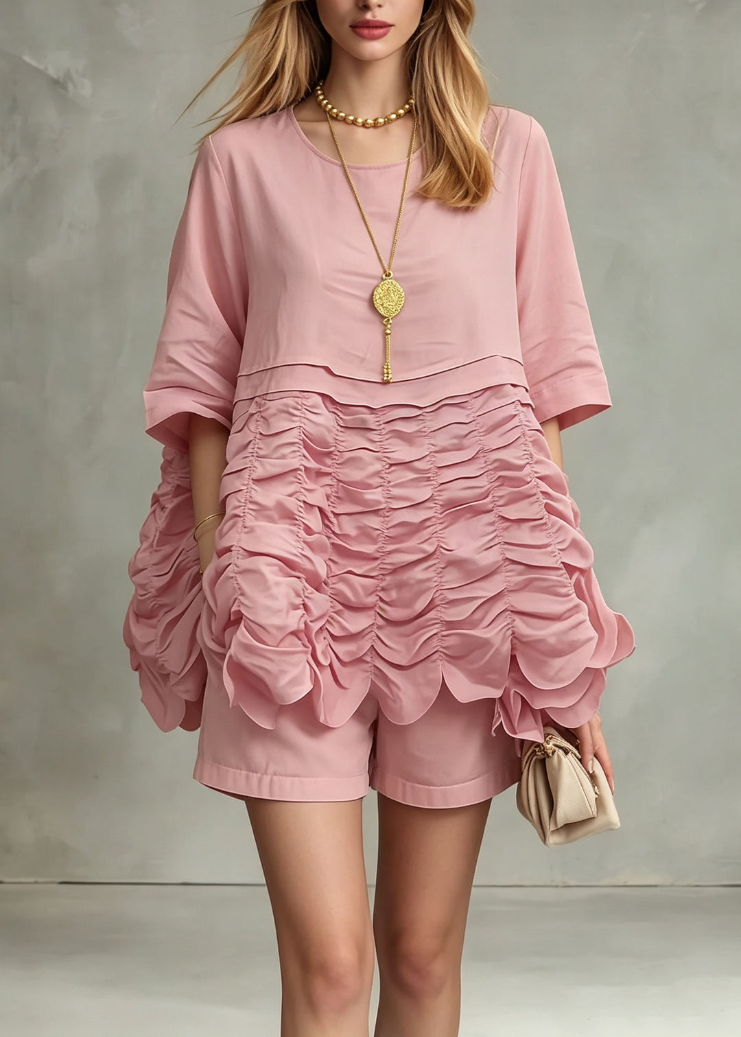 Unique Pink O Neck Wrinkled Patchwork Cotton Top Summer