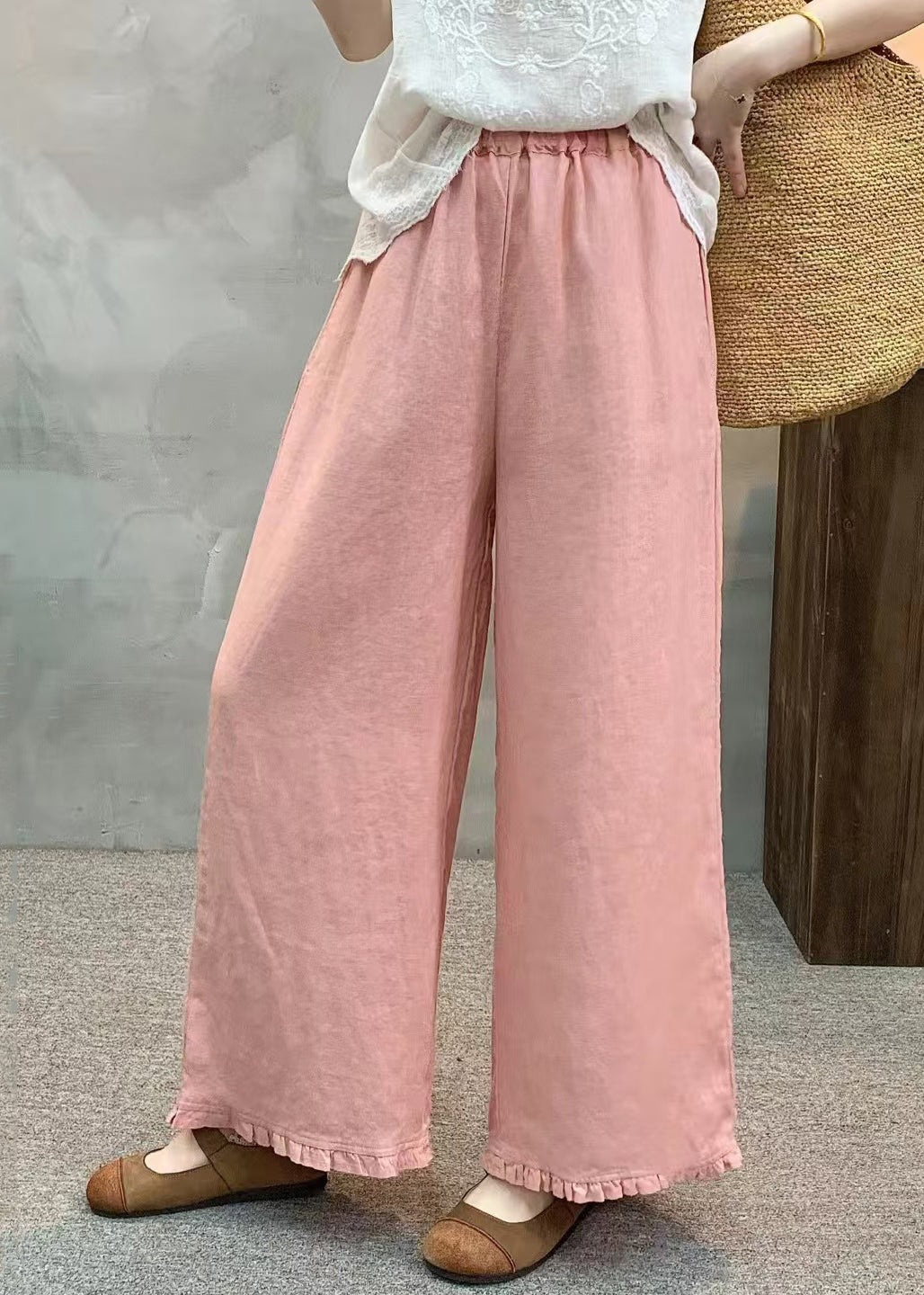 Unique Pink Ruffled Linen Straight Pants Summer