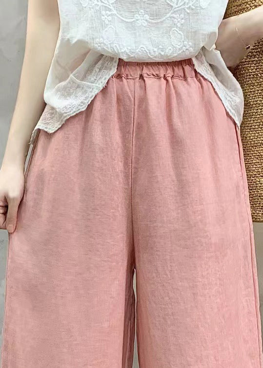 Unique Pink Ruffled Linen Straight Pants Summer