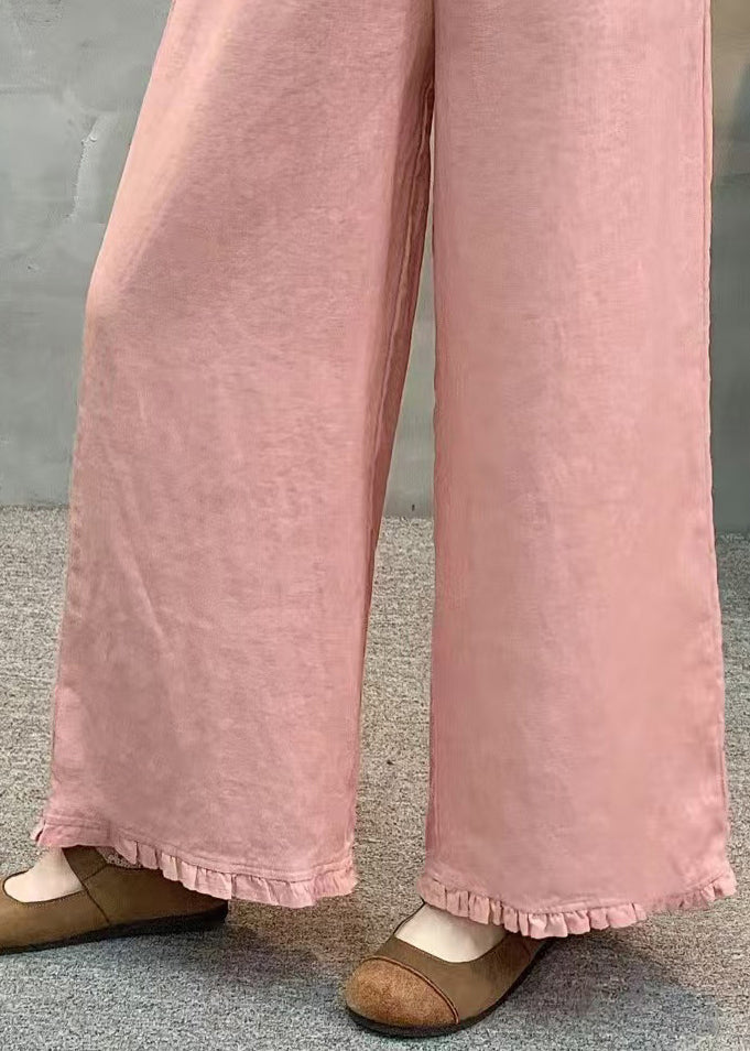 Unique Pink Ruffled Linen Straight Pants Summer