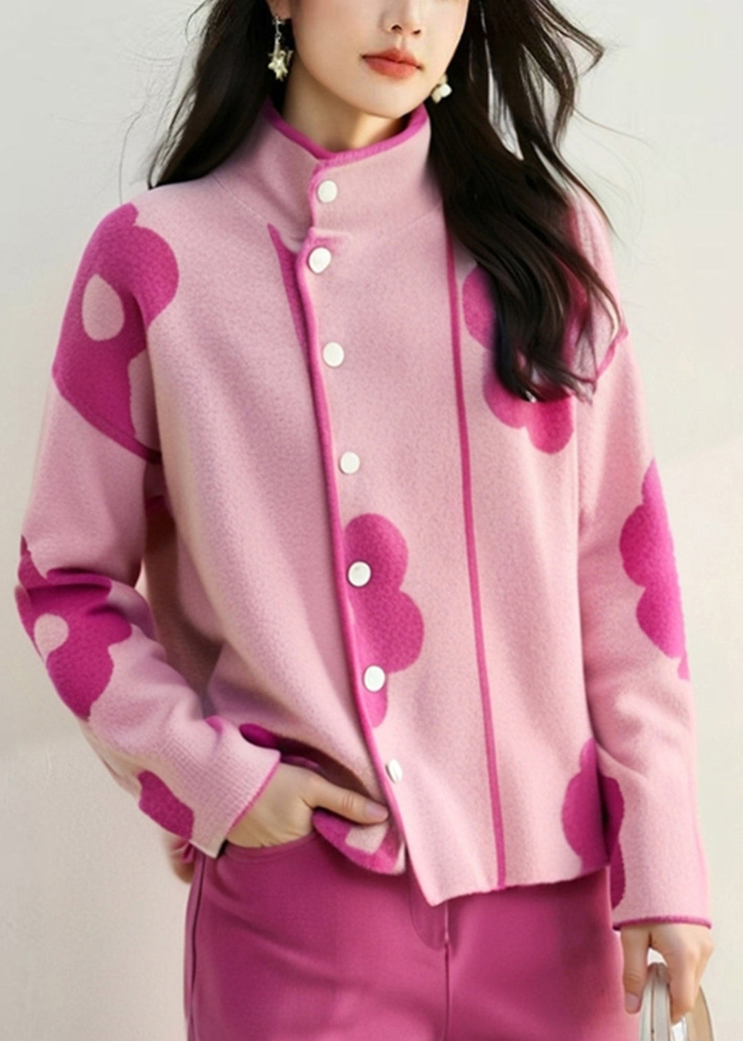 Unique Pink Stand Collar Print Cotton Knit Cardigans Fall