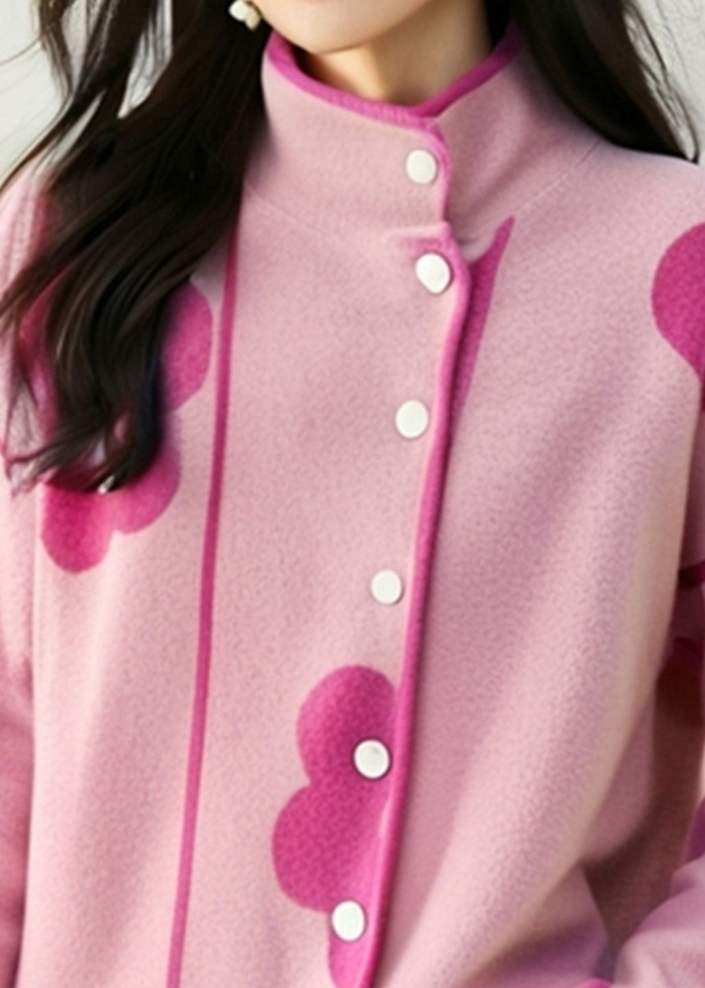 Unique Pink Stand Collar Print Cotton Knit Cardigans Fall
