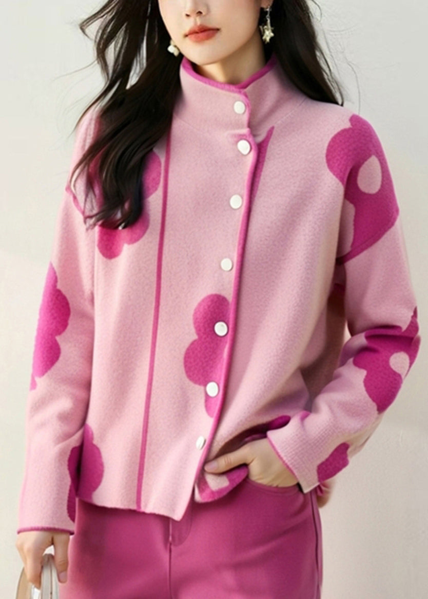 Unique Pink Stand Collar Print Cotton Knit Cardigans Fall