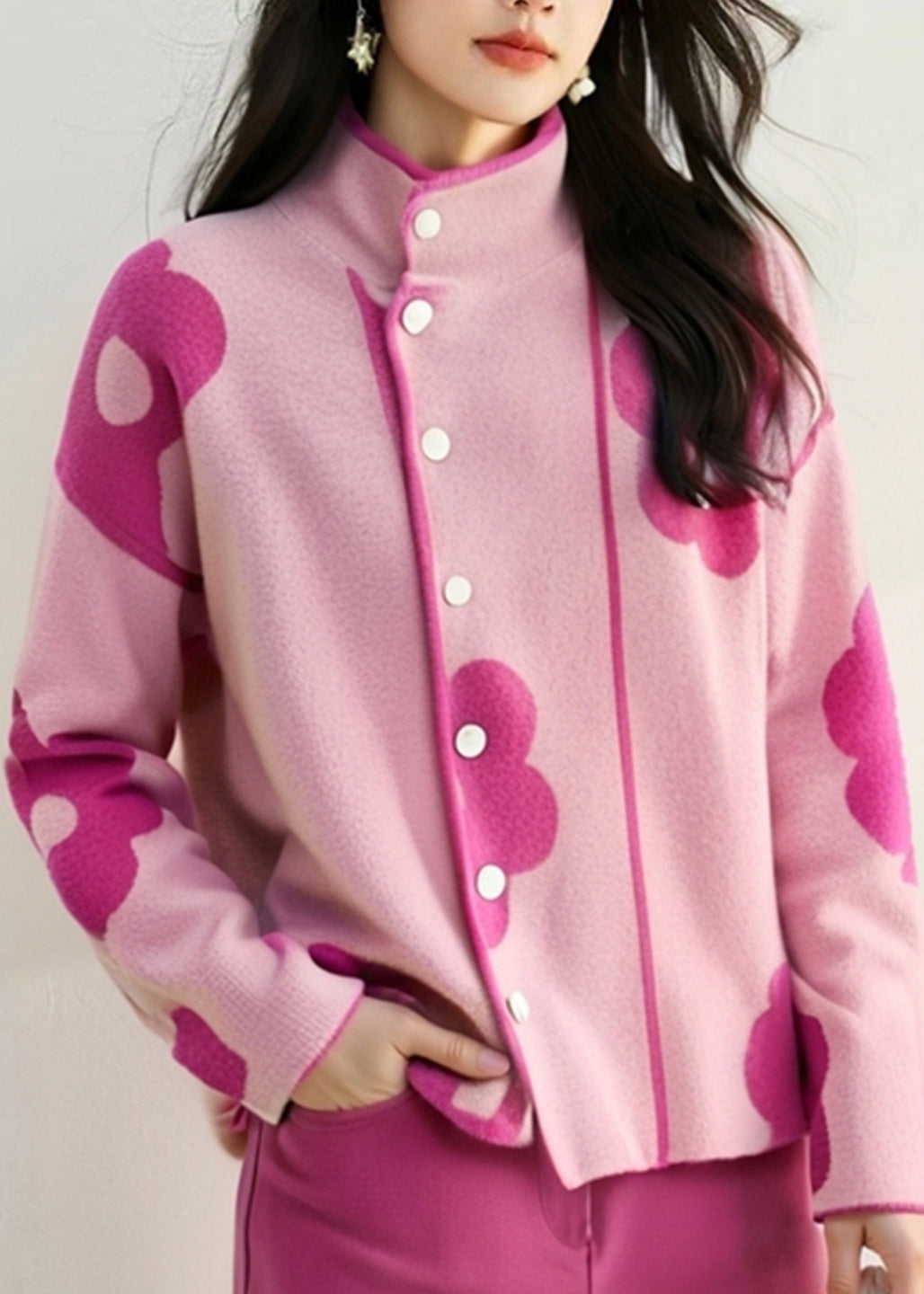 Unique Pink Stand Collar Print Cotton Knit Cardigans Fall