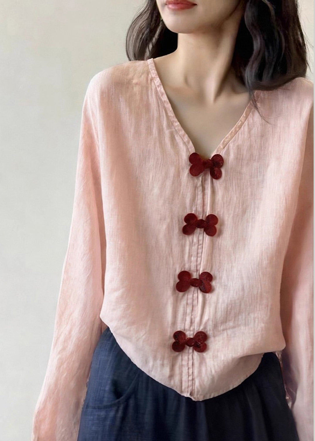 Unique Pink V Neck Bow Cotton Blouse Tops Spring