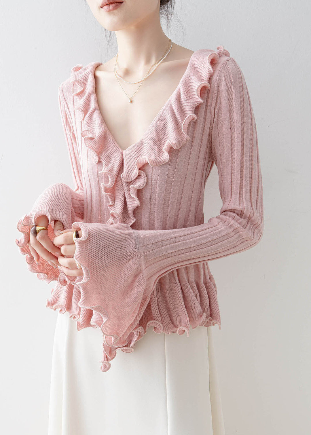 Unique Pink V Neck Ruffled Patchwork Knit Top Spring