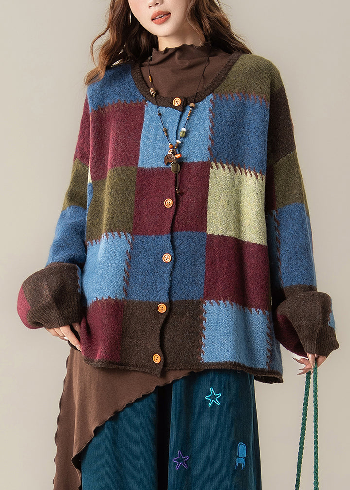 Unique Plaid Button Patchwork Oversized Knit Coats Spring