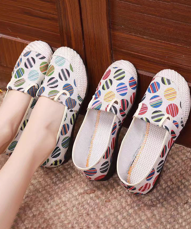Unique Print Flat Shoes For Women Beige Linen Fabric